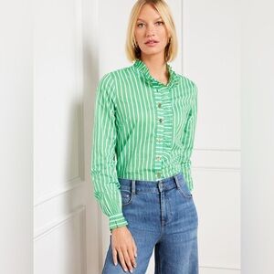NWT Talbots Ruffle Blouse Green Nautical Stripe Size Medium
